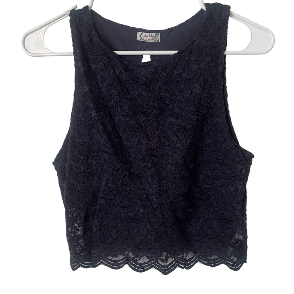 Intimately Free People Lace Crop Tank Top S Navy Floral Scalloped Keyhole Back - Picture 6 of 7